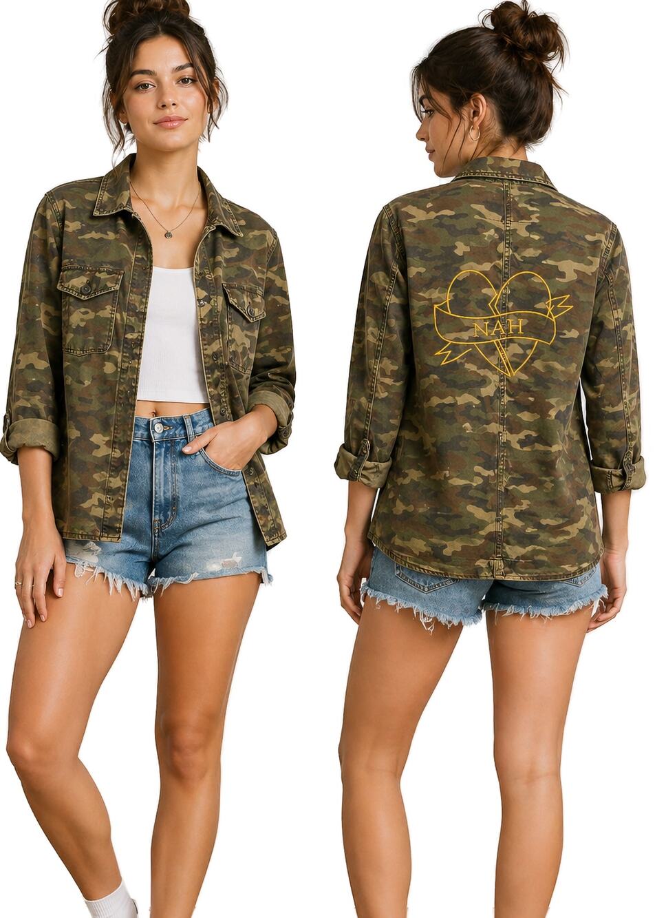 American Eagle Shacket XS Camo Utility Embroidered Heart Cotton Military Moto